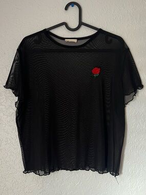 Sheer Black Mesh Crop Top with Red Rose Embroidery